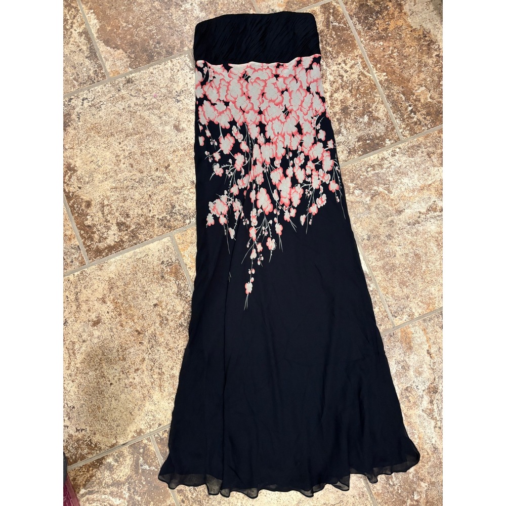 Long Tall Sally Strapless Maxi Dress Womens 14 Black Pink Silk Floral Formal